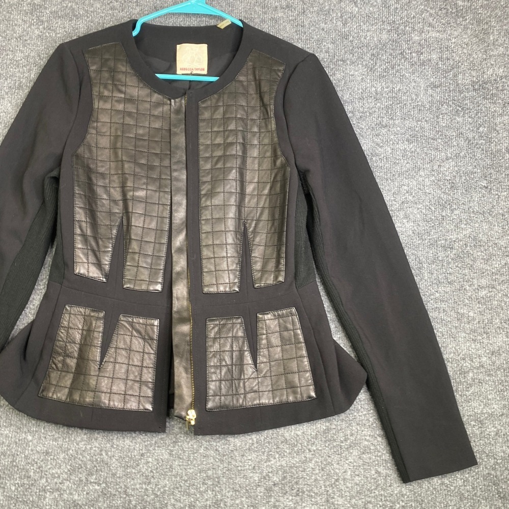 Rebecca Taylor Black Quilted Lamb Leather Mixed Media Peplum Jacket Size 8 - Picture 3 of 11